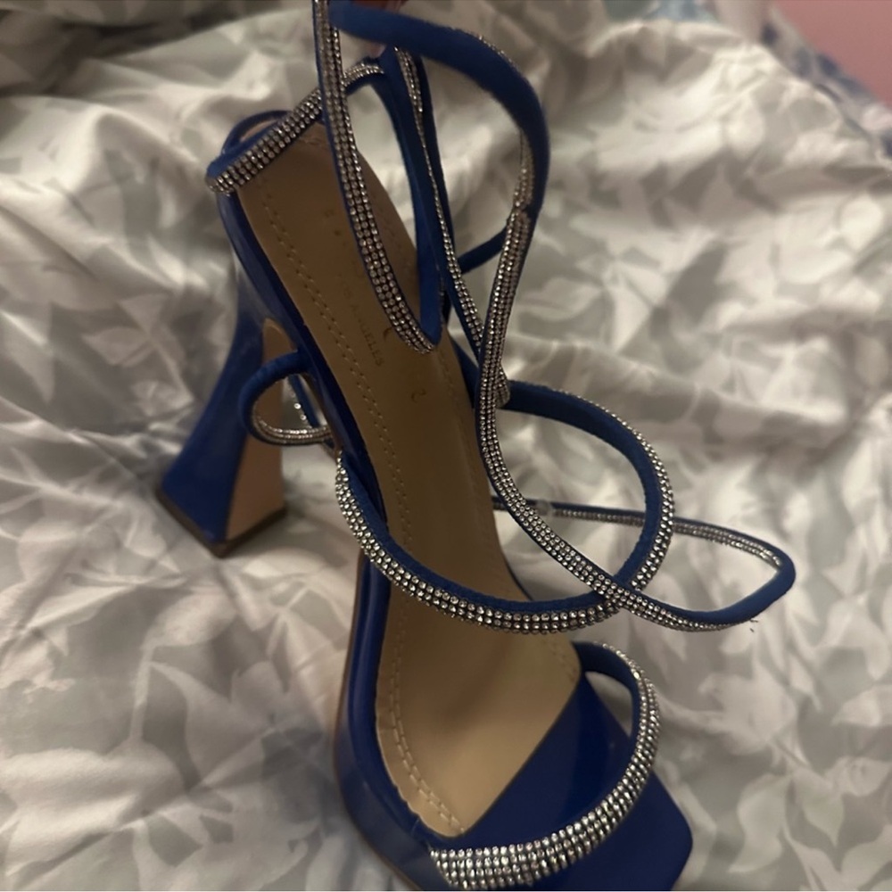 Strappy Blue Rhinestone Block Heel Sandals - Women's